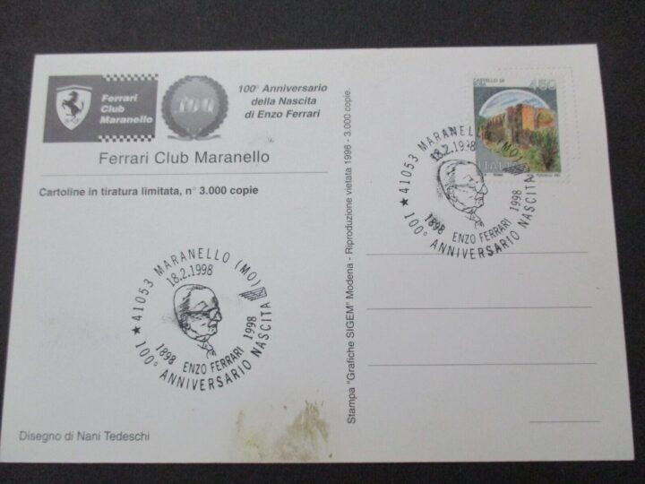 Cartolina 100° Anniversario Enzo Ferrari Primo Giorno Ferrari Club Maranello